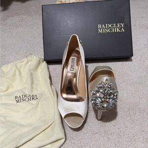Badgley Mischka Ivory Peep Toe Heels with Crystal Embellishments